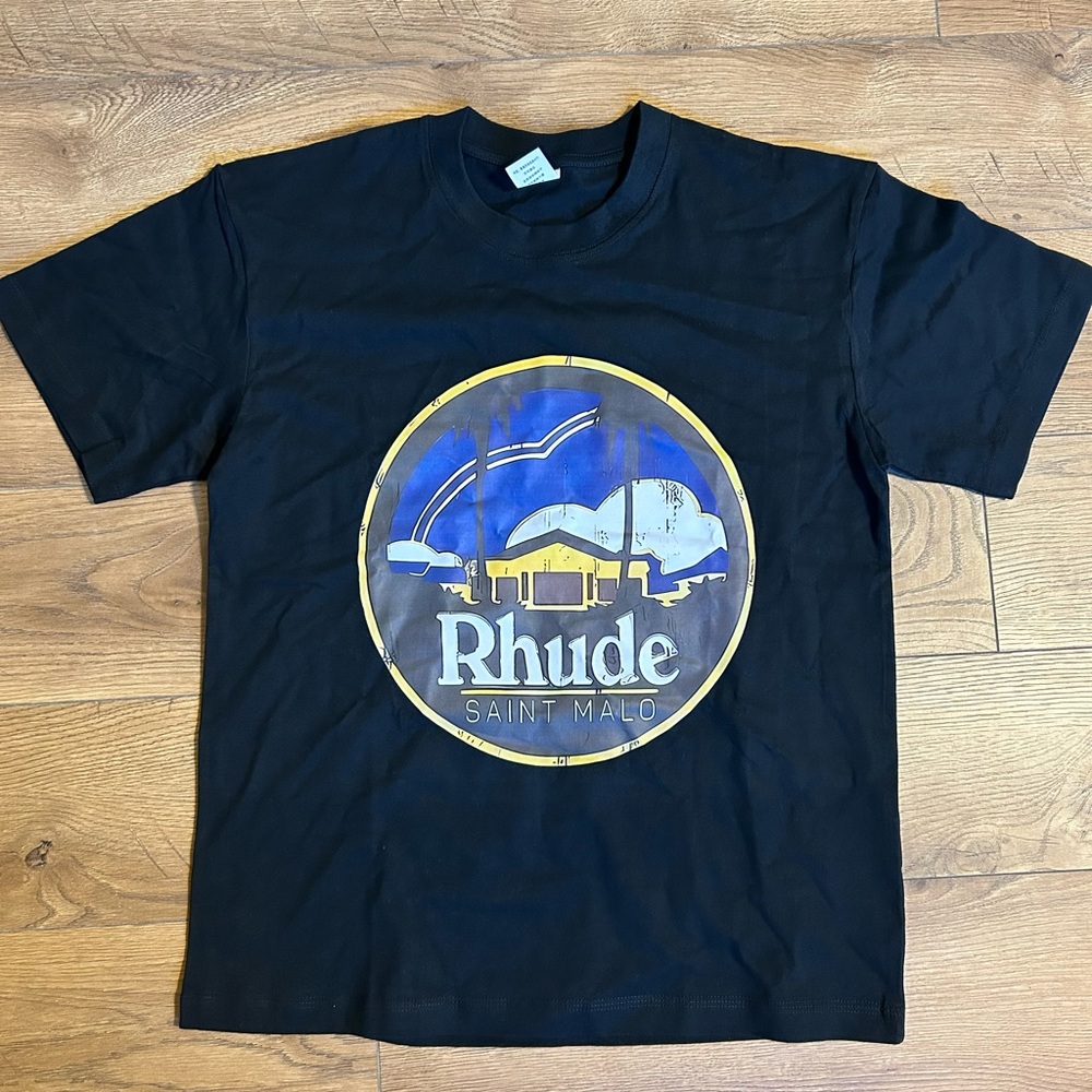 Rhude Black Tee with Blue and Gold Graphic